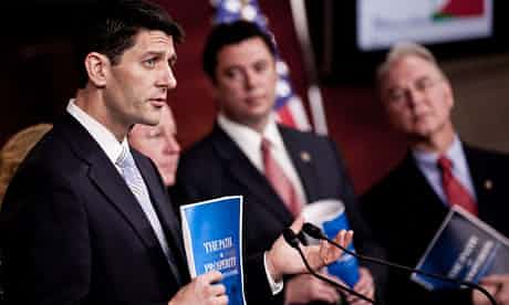 

Republican Congressman Paul Ryan, with his budget plan, which would slash social spending – though that has not deterred the support of presidential candidate Mitt Romney. Photograph: TJ Kirkpatrick/Getty Images
