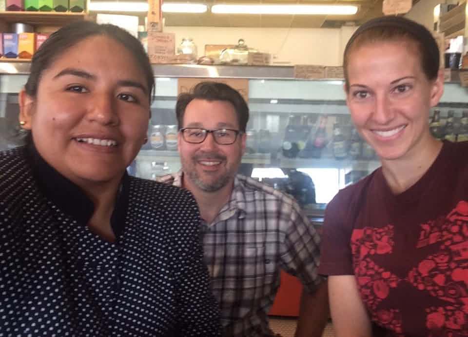 Dave Ring, (c) with Rachel Dana (r) from Equal Exchange and Angela Caquegua (l) who visited the Downtown Farm Stand from Bolivia this month. Angela is part of the Young Leaders of The Americas Initiative which is an Obama Administration program thr