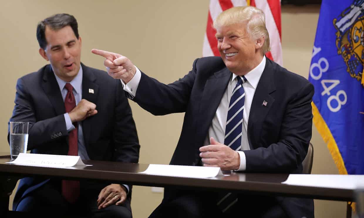 

Scott Walker with Donald Trump in 2016. If the mood among Democrats in Wisconsin is cautious optimism Republicans are grappling with frustrated inevitability.
Photograph: Chip Somodevilla/Getty Images
